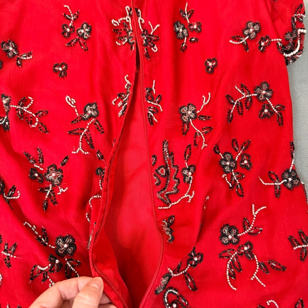 Stenay Vintage Women's Red Silk Black & White Beaded Formal Top- Size XL - Picture 12 of 12